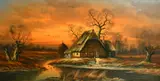 A homestead on the river in winter with the sun setting by Horst Baumgart, oil on canvas, offered Apr 2022