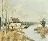 French, A figure in a boat and a cottage on a river by Marcel Georges Hue, oil on canvas, sold Apr 2022