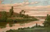 A river landscape with cows and figures on the opposite bank and a pink sky by C. Ravel, oil on canvas, offered Apr 2022