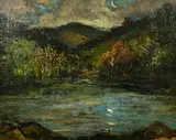 A landscape view across water to a treelined shore with mountains beyond and the moon reflection on the water by William Thornton Brocklebank, oil on canvas, sold Apr 2022
