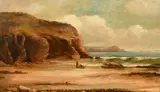 An extensive shore scene with cliffs and figures on the sand, one seated on a rock by Ernest Congdon, 1888, oil on canvas, sold Apr 2022