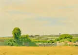 A view across fields with a tower in the distance by Robert Morson Hughes, oil on board, sold Apr 2022