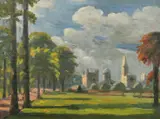 A tree lined avenue leading to a substantial country dwelling by John Brown, oil on board, sold Apr 2022