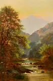 Thatched cottages by a bridge over a river and a tranquil river scene with mountains beyond, oils on canvas both signed and dated, both 24" x 16 by John Henry Boel, oil, offered Apr 2022