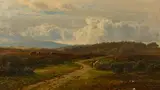 An extensive heathland scene with ponies and two women collecting berries by J. Barrett, oil on canvas, offered Apr 2022