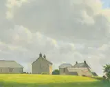 Stone houses and buildings beneath a cloudy sky by Robert Morson Hughes, Stone houses and buildings beneath a cloudy sky, oil on board, signed, sold Apr 2022