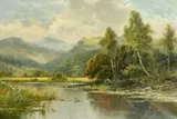 A highland lake landscape with Swallows flying low over the water by Louis E. Clark, oil on canvas, sold Apr 2022