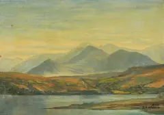 An extensive landscape view from a lake in Ireland by T.E. Spence, 1952, oil on board, sold Apr 2022