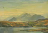 An extensive landscape view from a lake in Ireland by T.E. Spence, 1952, oil on board, sold Apr 2022