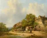 British, figures gathered outside the Bell Inn, with inscription 'Lodgings for Man and Horse by Richard H. Hilder, oil on canvas, offered Apr 2022