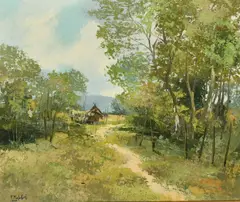 Thai, A jungle settlement in Thailand by Poum Malakoul, 1966, oil on canvas, sold Apr 2022