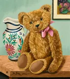 Algernon bear with Quimper jug and still life by Joanna Bryan, oil on board, sold Apr 2022