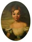 A portrait of a young child wearing a white dress with short frilly sleeves by B. Smith, 1838, oil on canvas, sold Apr 2022