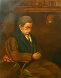 Portrait of a seated man with hands clasped, a book and handkerchief by his side by J. Baxter, oil on canvas, sold Apr 2022