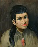 Portrait of a young girl with a short fringe and long black hair, wearing a grey top by Norman Lloyd, oil on canvas, offered Apr 2022