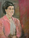 Portrait of an elegant lady seated wearing a pink jacket and pink beads round her neck by R. D. Harland, oil on board, sold Apr 2022