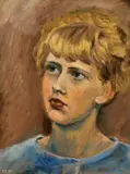 Portrait of a young girl with short blonde hair by R. D. Harland, oil on canvas, sold Apr 2022