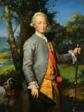After Mengs, A three quarter length portrait of Charles IV of Spain, standing in a landscape holding a cane with a dog by his side by R.T. West, oil on board, sold Apr 2022