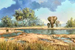 Elephants and a Warthog at a watering hole by M.J. Leighton, oil on canvas, sold Apr 2022