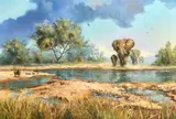 Elephants and a Warthog at a watering hole by M.J. Leighton, oil on canvas, sold Apr 2022
