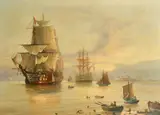 British, British warships at anchor in a bay by Michael Whitehand, 1986, oil on canvas, offered Apr 2022