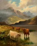 A Highland Loch scene with Highland Cattle by Charles .W. Oswold, oil on canvas, sold Apr 2022