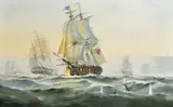 British, British and American warships engaging in battle by Michael Whitehand, 1988, oil on canvas, offered Apr 2022