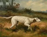 A grey dog in a landscape and another lying on snow, oils on board, both signed and 8" x 10 by Charles Harrison, oil, sold Apr 2022