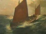 German, a traditional fishing boat riding the waves by Franz Müller-Gossen, oil on board, sold Apr 2022