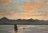 British, A sailing ship and small craft by sunset with a mountain range beyond by Frederick William J. Shore, oil on board, sold Apr 2022
