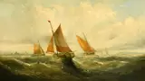 British, Sailboats on choppy seas nearing a port by George Knight, oil on canvas, sold Apr 2022