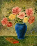 A still life of pink and yellow roses in a blue vase and a book by Denise House, 1935, oil on canvas, sold Apr 2022