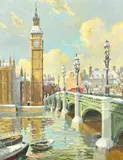 British, a view of the Houses of Parliament from across the river by Bert Pugh, oil on board, offered Apr 2022
