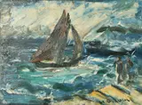 British, A sailing boat in choppy seas with figures on the shore by Henry George Cogle, oil on board, sold Apr 2022