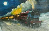 A burgundy steam train under a rising moon by Eric Storr, 1983, oil on canvas, offered Apr 2022
