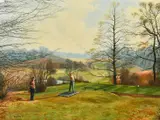 Golf scene, Driving off the temporary tee by S. Willey, oil on canvas, offered Apr 2022