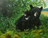 Russian, a black bear and her cub sat amongst foliage by Dmitri Dalinine, oil on canvas, offered Apr 2022