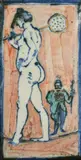 British, nude female figure on a tightrope, painted stoneware by Eric James Mellon, 1997, watercolor, offered Apr 2022