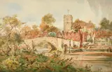 British, figures and a carriage on a bridge with a town beyond by Sidney Paul Goodwin, 1914, watercolour, sold Apr 2022