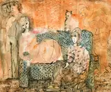 Figures around a sofa by Lydia Corbett, ink and watercolour, sold Apr 2022