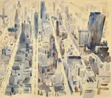 Canadian, A birds eye view of a city, (possibly Toronto) by Alan Dent Wilson, watercolour, offered Apr 2022