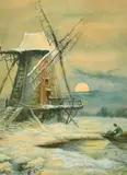 A Winter scene of a boatsman approaching a windmill under moonlight by M.C. Hodges, 1881, watercolour, sold Apr 2022