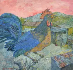 British, A Cockerel perched on a branch in a farmyard, Cyprus by Christopher Clairmonte, 2003, gouache, offered Apr 2022