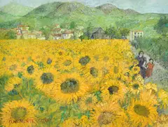 British, A Cypriot sunflower field with figures on a track with houses and mountains beyond by Christopher Clairmonte, 2000, gouache, sold Apr 2022
