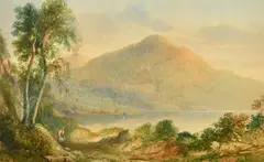 British, A landscape with sailing boats on a lake with mountains beyond and a figure on a path by Sidney Paget, watercolour, sold Apr 2022