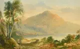 British, A landscape with sailing boats on a lake with mountains beyond and a figure on a path by Sidney Paget, watercolour, sold Apr 2022