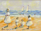 Children on the beach by Walter John Beauvais, gouache, offered Apr 2022