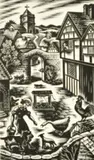 British, a scene in a farm courtyard, woodblock print, forming part of Christmas Card, 6" x 3.5 by Gwenda Morgan, print, sold Apr 2022