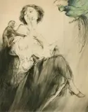 An elegant lady with a parrot and a monkey by Fernand Toussaint, lithograph, sold Apr 2022