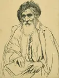 American, Portrait of an elderly man seated holding a book by Arthur William Heintzelman, etching, sold Apr 2022